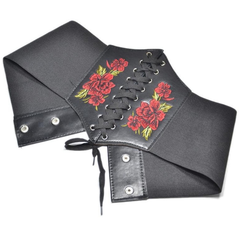 Black corset floral rose embroidered boho faux leather waist statement belt - Picture 14 of 14